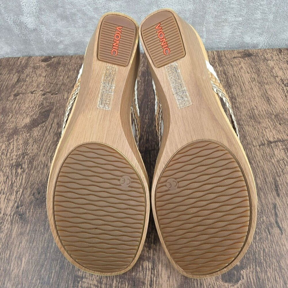 Vionic Ramba Wedge Heels 11 White Tan Metallic Gold Braided Thong Straps Beachy - Picture 11 of 13